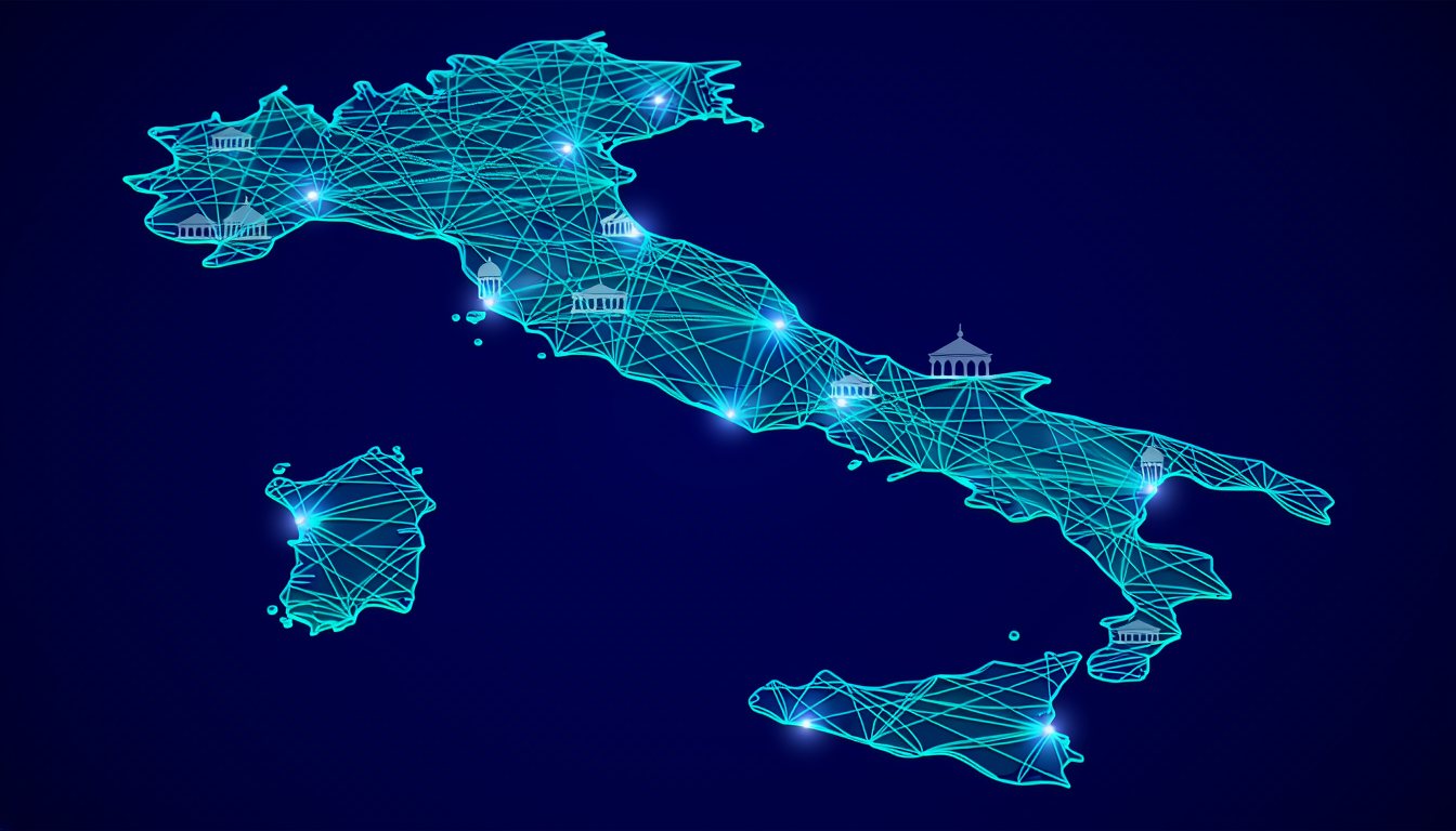 La penisola italiana disegnata come una rete di punti luminosi collegati fra loro.