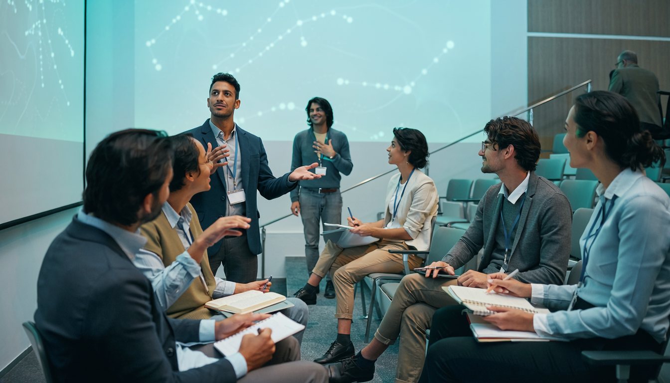 Relatori e partecipanti durante un seminario scientifico in una sala conferenze.
