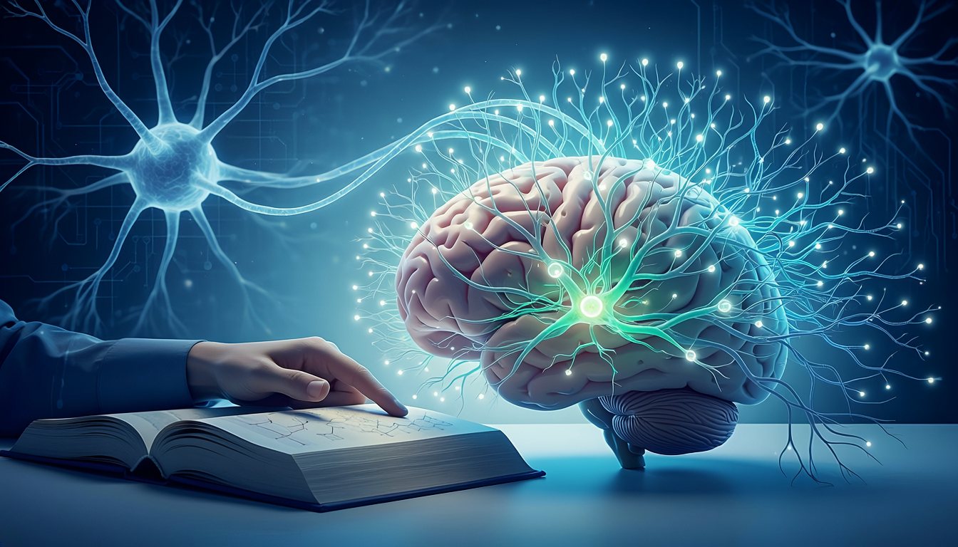 Un cervello umano luminoso sopra un libro aperto, con una mano appoggiata alla pagina.