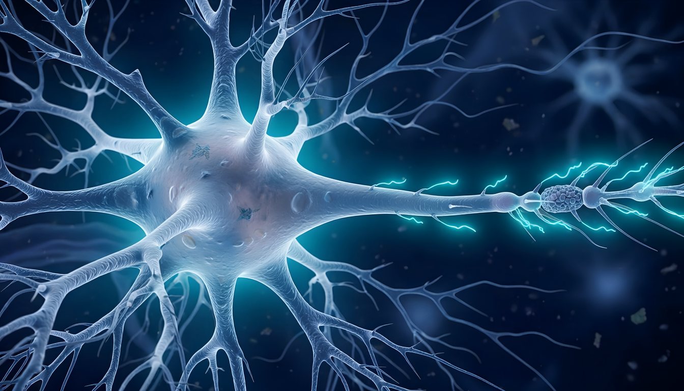 Un neurone ingrandito, con un impulso luminoso che percorre l'assone.