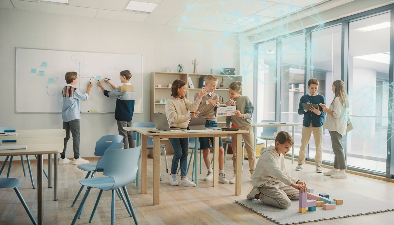 Bambini e insegnanti al lavoro in un'aula luminosa, fra tavoli, materiali e lavagna.