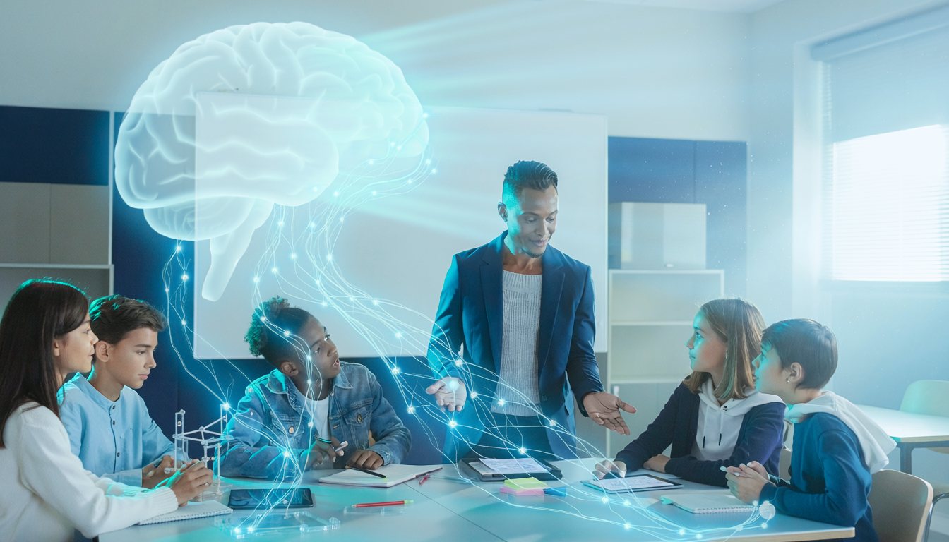 Un'aula in cui studenti e docente lavorano sotto la proiezione luminosa di un cervello.