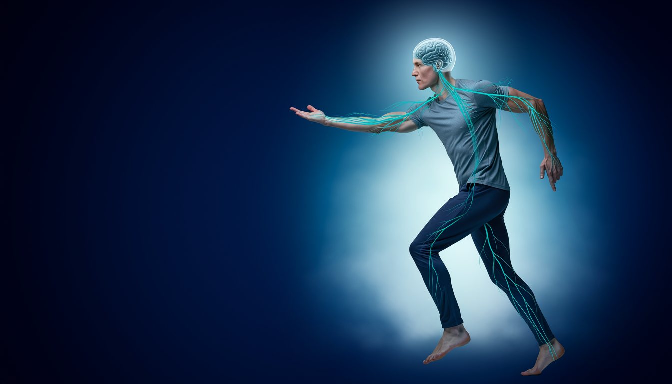 Una figura umana in movimento, con il corpo percorso da linee luminose.